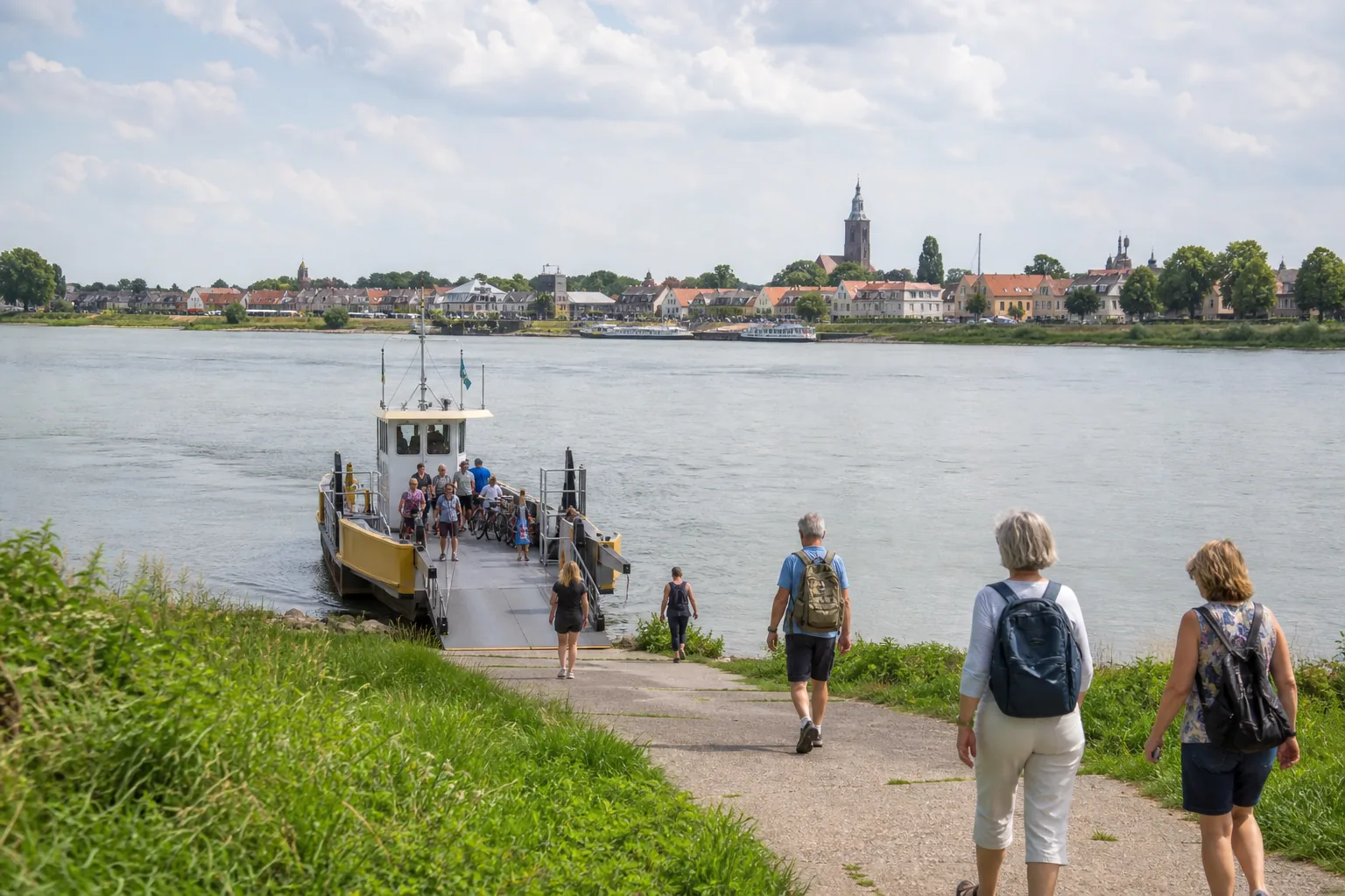 Wandelaars en fietsers lopen naar een klein pontje over de Waal