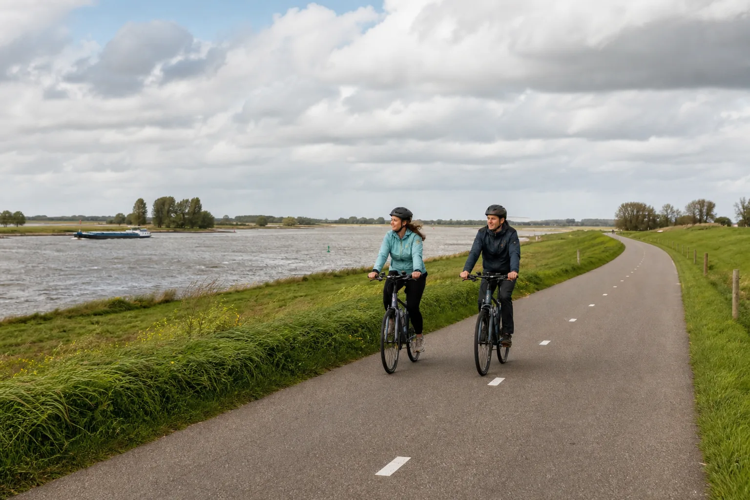 Twee fietsers met helmen op een fietspad langs de Waal