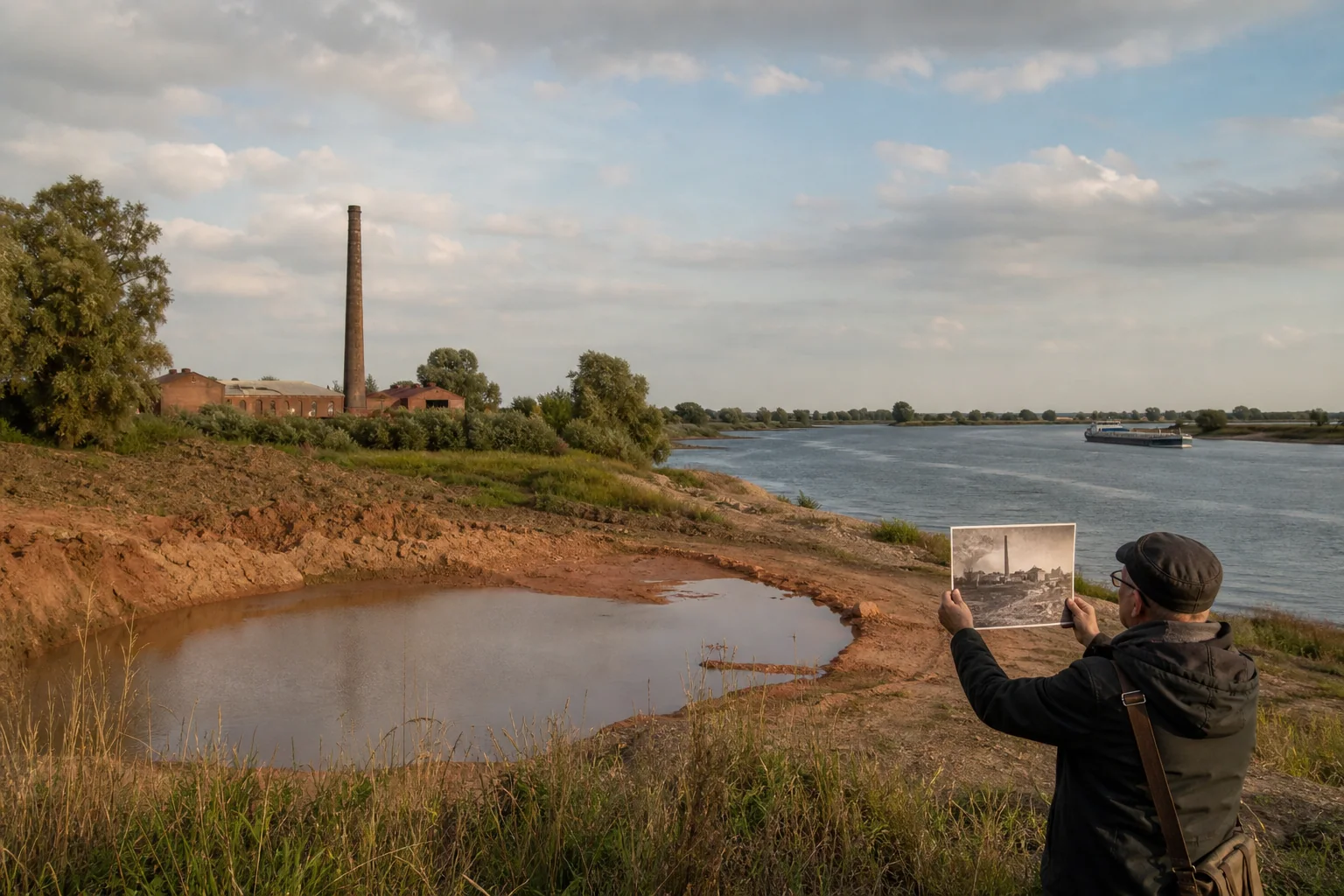 Historische steenfabriek en tichelgaten in het landschap langs de Waal