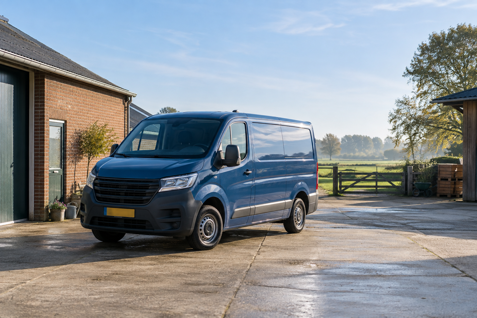 Werkbus op een ruim bedrijfserf