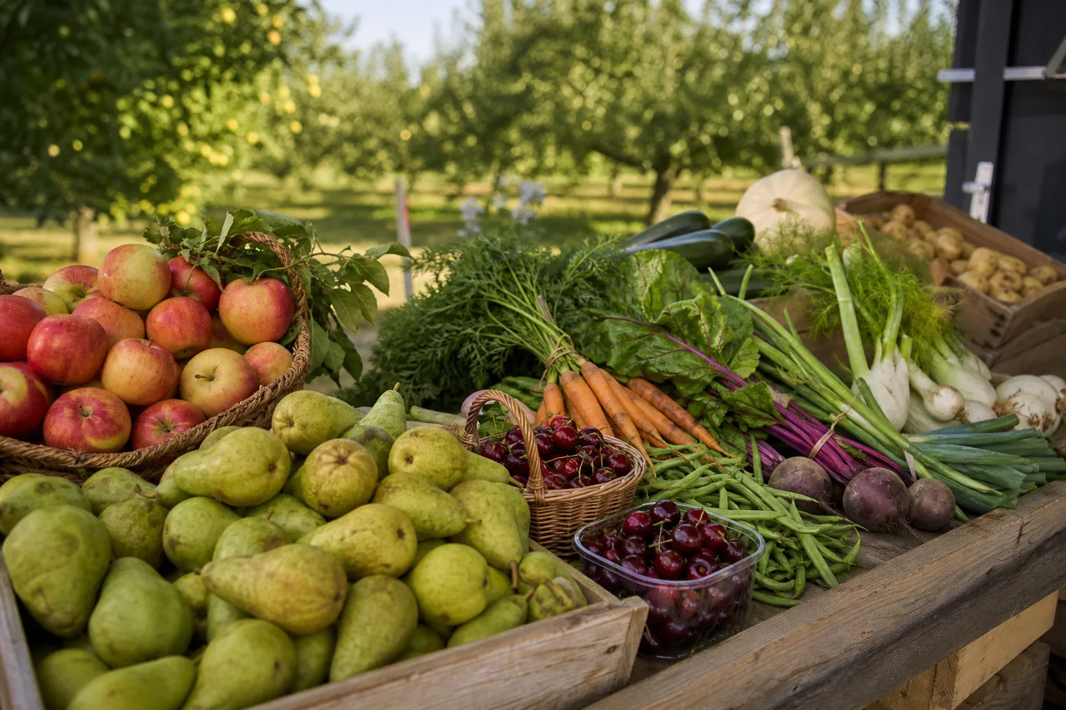 Appels, peren, kersen en groenten op een houten markttafel bij een boomgaard
